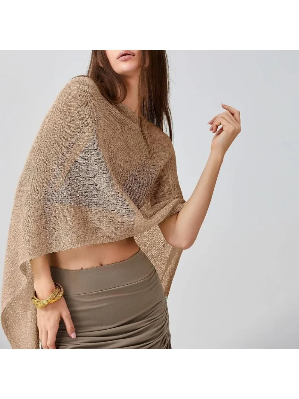 Women's Light Brown Sheer Poncho Top Knit Crochet Lightweight See Through Shawl